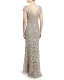 Short-Sleeve Lace Column Gown, Pumice 