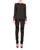Marie Fringe-Cuff Long-Sleeve Blouse, Black