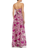 Strapless Floral-Print Pleated Long Dress