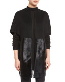 Makayla Cape-Sleeve Coat w/ Calf-Hair Panels, Black