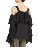 Cold-Shoulder Silk Ruffle Top, Black