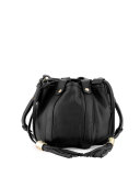 Small Leather Drawstring Bucket Bag, Black