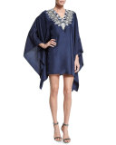Long-Sleeve Embroidered-Neck Caftan Dress, Navy