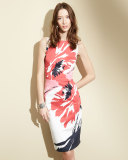 Sleeveless Macro-Floral-Print Sheath Dress, Multi Colors
