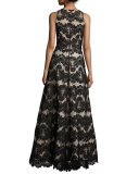 Richie Sleeveless Lace Romper Gown, Black/Nude
