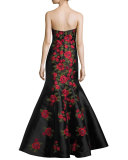 Strapless Embroidered Satin Gown, Black/Multicolor