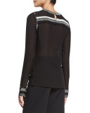 Embroidered-Yoke Long-Sleeve Blouse, Black