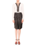 Studded Lace-Up Peasant Blouse, Natural White