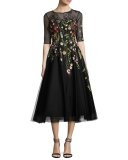 Embroidered Tulle Cocktail Dress, Black