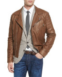 Leather Asymmetrical-Zip Moto Jacket, Chestnut