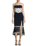 Windowpane-Lace Strapless Midi Dress