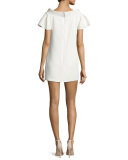 Piped-Neckline Mini Dress, Ivory