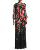 Long-Sleeve Embroidered-Floral Dress, Black