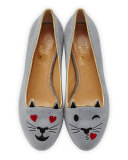 Flirty Kitty Emoji Velvet Ballerina Flat, Sky Blue