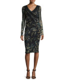 Long-Sleeve Paisley Velvet Faux-Wrap Dress, Black