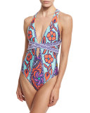 Floral-Print Plunge-Neck One-Piece Swimsuit, Multicolor