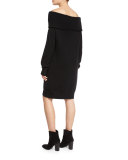 Long-Sleeve Knit Off-the-Shoulder Shift Dress, Black