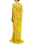 Half-Sleeve Floral-Embroidered Caftan, Yellow