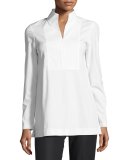 Marco Stretch-Cotton Blouse w/ Jersey Sleeves, White