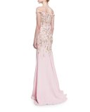 Off-the-Shoulder Floral-Beaded Gown, Pale Pink