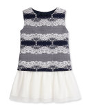 Sleeveless Jacquard & Tulle Shift Dress, Navy, Size 10-12