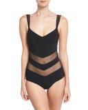 Ione Illusion Mesh-Inset One-Piece Swimsuit, Black