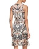 Sleeveless Crochet Sheath Dress, Champagne/Multicolor
