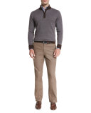 Sueded-Trim Quarter-Zip Sweater, Bison