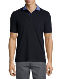 Chambray-Collar Polo Shirt, Navy/Blue