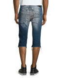 Motard Distressed Past-Knee Denim Shorts, Blue