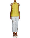 Mid-Rise Lace-Inset Cropped Jeans, White