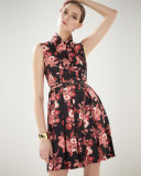 sleeveless tie-neck floral silk pleated dress, black