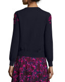 Rose-Embroidered Long-Sleeve Cardigan, Navy/Pink