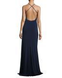 Sleeveless Beaded Cross-Back Gown, Navy