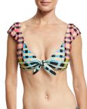 Tile-Print Cap-Sleeve Tie-Front Swim Top, Multicolor