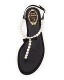Pearly & Crystal Flat Thong Sandal, Black