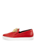 Leather Slip-On Sneaker with Gold Medusa Head, Red