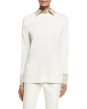Bicolor Sweater w/ Side Slits, Cloud/Khaki