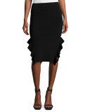 Ruffle-Trim Ponte Pencil Skirt, Black
