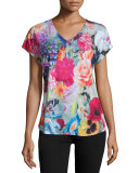 Heti Floral-Swirl Printed Tee, Fuchsia