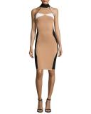 Sleeveless Mock-Neck Intarsia Fitted Dress, Camel/White/Black
