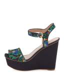 Sonoma Embroidered 120mm Wedge Sandal, Tory Navy/Multi/Green