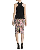 Crepe & Lace Twist-Front Top, Black