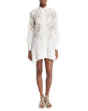 Long-Sleeve Feather-Print Shirtdress, White/Gold