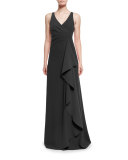 Techno Cady Side-Ruffle Gown, Black