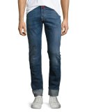 Cuffed Denim Slim-Straight Jeans with Multicolor Stitching, Blue