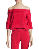 Stretch Faille Boxy Off-the-Shoulder Top, Cadmium Red