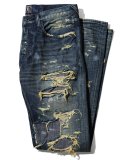 Super-Distressed Rip Repair Denim Jeans, Indigo