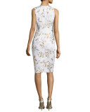 Sleeveless Floral-Print Cocktail Dress, Ivory/Gold