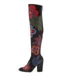 Embroidered Suede Over-The-Knee Boot, Black/Multicolor